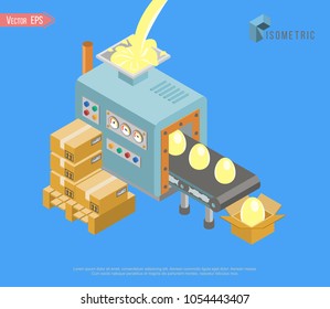 Isometric assembly with automated lines of eggs. Easter banner