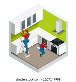 Isometric assembly of kitchen of furniture in the studio apartment concept. Repairman in overalls repairing cabinet hinge in kitchen vector illustration.