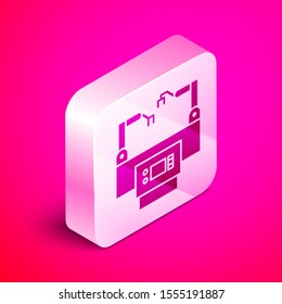 Isometric Assembly line icon isolated on pink background. Automatic production conveyor. Robotic industry concept. Silver square button. Vector Illustration