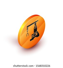 Isometric Assembly line icon isolated on white background. Automatic production conveyor. Robotic industry concept. Orange circle button. Vector Illustration