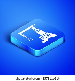 Isometric Assembly line icon isolated on blue background. Automatic production conveyor. Robotic industry concept. Blue square button. Vector Illustration