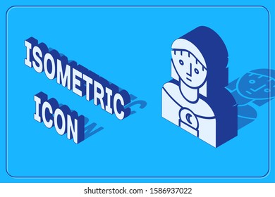 Isometric Astrology woman icon isolated on blue background.  Vector Illustration