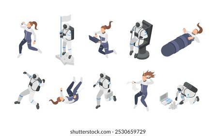 Isometric astronaut characters. Astronauts in spacesuits working and training, eating, sleeping at space station. Universe research, flawless vector set