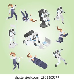 Isometric astronaut characters astronauts in spacesuits working and training eating sleeping at space station universe research flawless vector set
