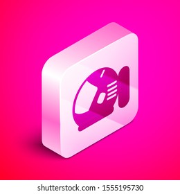 Isometric Astronaut helmet icon isolated on pink background. Silver square button. Vector Illustration