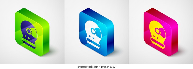 Isometric Astronaut helmet icon isolated on grey background. Square button. Vector