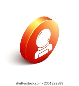 Isometric Astronaut helmet icon isolated on white background. Orange circle button. Vector