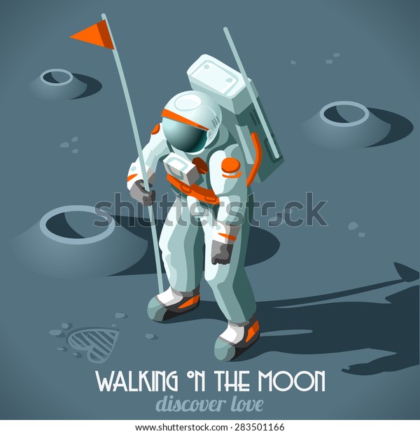 Isometric Astronaut Hitchhiker Guide the Galaxy\
Vector Illustration Flat 3d Isometric Cosmonaut Flag who Moon\
Discovers Love Icon. Moon Horizons of the Universe Discovery Planet\
Astronaut Solar\
System