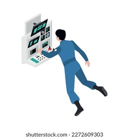 Isometric astronaut looking at monitors under zero gravity vector illustration