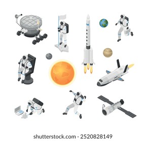 Isometric astronaut and space elements. Universe exploring, cosmonaut scientist doing research. Spacesuit, training, ship and satellite flawless vector set