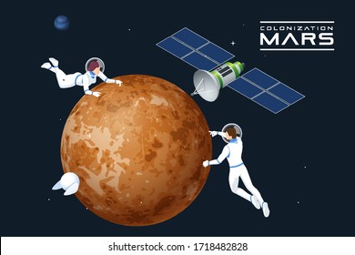 Isometric astronauts in orbit of Mars and satellite. Mars Colonization, Biological terraforming, Paraterraforming, Adapting humans on Mars. Astronautics and space technology.
