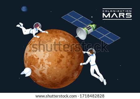 Isometric astronauts in orbit of Mars and satellite. Mars Colonization, Biological terraforming, Paraterraforming, Adapting humans on Mars. Astronautics and space technology.