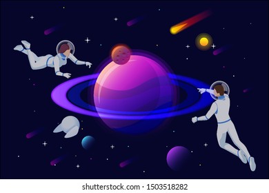 Isometric Astronauts and robots at spacewalk. Cosmic and science concept. Galaxies in the universe. People in spacesuits.