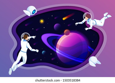 Isometric Astronauts and robots at spacewalk. Cosmic and science concept. Galaxies in the universe. People in spacesuits.