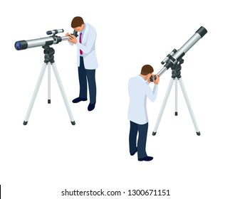 Isometric astronomer through the telescope looks at the sky isolated on white background