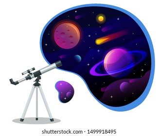 Isometric astronomical observatory dome. Astronomical cosmos. Astronomer looking through telescope on planets, stars and comets. Astronomical telescope tube and cosmos.