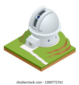 Isometric astronomical observatory dome. Astronomical telescope tube and cosmos. Vector illustration