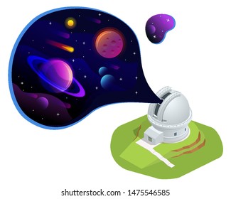 Isometric astronomical observatory dome. Astronomical telescope tube and cosmos. Astronomer looking through telescope on planets, stars and comets. Astronomical telescope tube and cosmos.