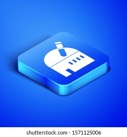 Isometric Astronomical observatory icon isolated on blue background. Observatory with a telescope. Scientific institution. Blue square button. Vector Illustration