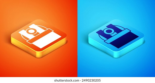 Isometric Astronomical observatory icon isolated on orange and blue background. Observatory with a telescope. Scientific institution.  Vector