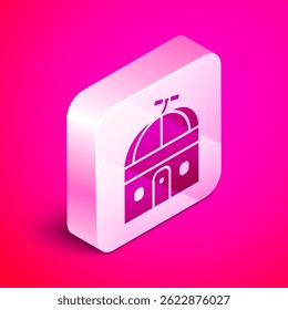 Isometric Astronomical observatory icon isolated on pink background. Observatory with a telescope. Scientific institution. Silver square button. Vector Illustration