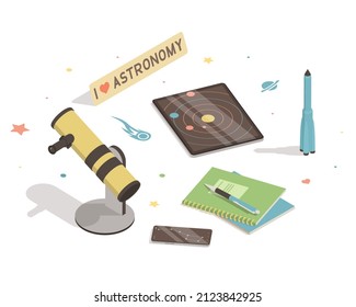 Isometric astronomy education concept with smartphone, telescope, rocket on white background