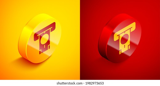 Isometric ATM - Automated teller machine and money icon isolated on orange and red background. Circle button. Vector