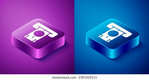 Isometric ATM - Automated teller machine and money icon isolated on blue and purple background. Square button. Vector