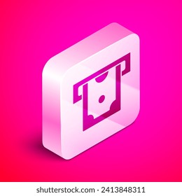 Isometric ATM - Automated teller machine and money icon isolated on pink background. Silver square button. Vector