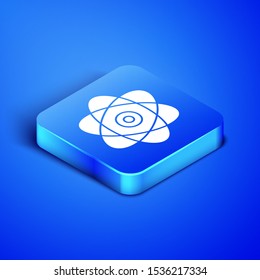 Isometric Atom icon isolated on blue background. Symbol of science, education, nuclear physics, scientific research. Electrons and protons sign. Blue square button. Vector Illustration