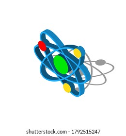 Isometric Atom icon isolated on white background. Symbol of science, education, nuclear physics, scientific research. Orange circle button. Vector Illustration EPS