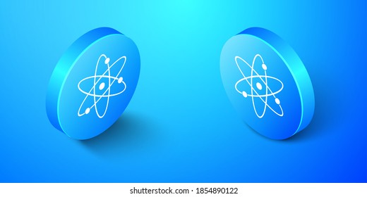 Isometric Atom icon isolated on blue background. Symbol of science, education, nuclear physics, scientific research. Electrons and protonssign. Blue circle button. Vector.