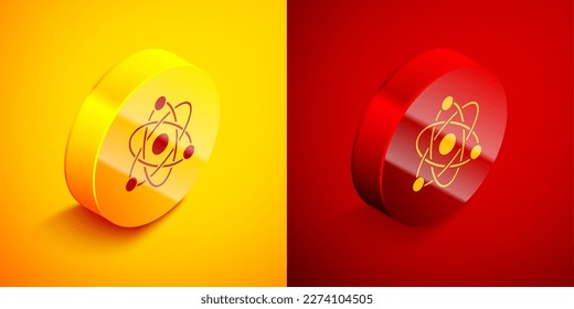Isometric Atom icono aislado en el fondo naranja y rojo. Símbolo de ciencia, educación, física nuclear, investigación científica. Botón Círculo. Vector