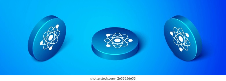 Isometric Atom icon isolated on blue background. Symbol of science, education, nuclear physics, scientific research. Blue circle button. Vector