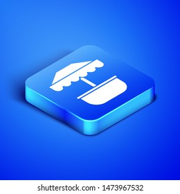 Isometric Attraction carousel icon isolated on blue background. Amusement park. Childrens entertainment playground, recreation park. Blue square button. Vector Illustration