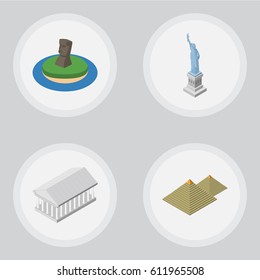 Isometric Attraction Set Of Athens, New York, Egypt And Other Vector Objects. Also Includes Statue, America, Egypt Elements.