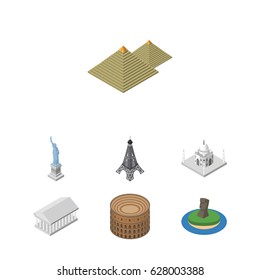 Isometric Attraction Set Of Athens, New York, Coliseum And Other Vector Objects. Also Includes Statue, Attraction, Athens Elements.