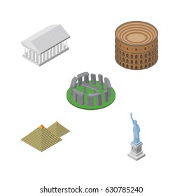 Isometric Attraction Set Of Coliseum, England, New York Vector Objects. Also Includes Athens, America, Colosseum Elements.