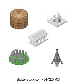 Isometric Attraction Set Of Coliseum, India Mosque, Athens And Other Vector Objects. Also Includes Colosseum, Museum, Acropolis Elements.