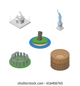Isometric Attraction Set Of Coliseum, New York, Chile And Other Vector Objects. Also Includes England, Historic, Coliseum Elements.