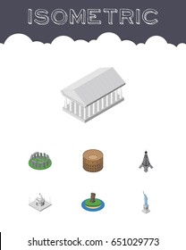 Isometric Attraction Set Of England, Paris, Coliseum Vector Objects. Also Includes MoAI, Colosseum, America Elements.
