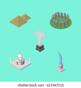 Isometric Attraction Set Of England, Rio, India Mosque Vector Objects. Also Includes Historic, Attraction, Taj Elements.