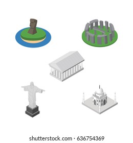 Isometric Attraction Set Of India Mosque, Athens, Rio And Other Vector Objects. Also Includes Acropolis, Monument, Redeemer Elements.