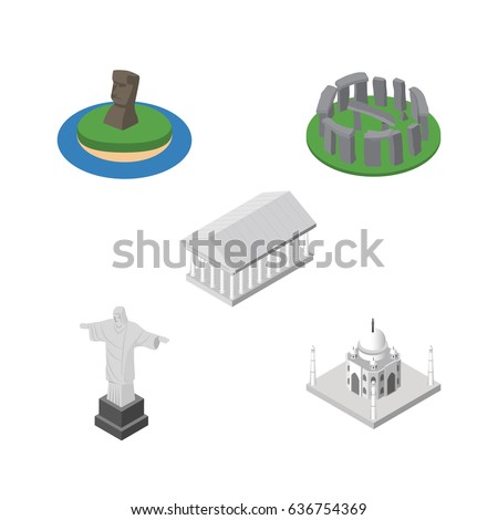 Isometric Attraction Set Of India Mosque, Athens, Rio And Other Vector Objects. Also Includes Acropolis, Monument, Redeemer Elements.