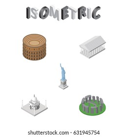 Isometric Attraction Set Of New York, Athens, Coliseum And Other Vector Objects. Also Includes Historic, America, Athens Elements.