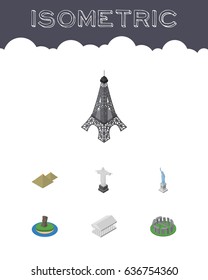 Isometric Attraction Set Of New York, Rio, England Vector Objects. Also Includes Statue, Attraction, Monument Elements.