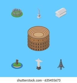 Isometric Attraction Set Of Paris, Coliseum, Rio And Other Vector Objects. Also Includes Christ, America, Paris Elements.