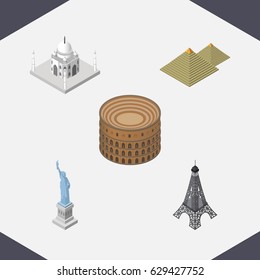 Isometric Attraction Set Of Paris, India Mosque, New York And Other Vector Objects. Also Includes Eiffel, Paris, Taj Elements.