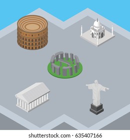 Isometric Attraction Set Of Rio, Athens, Coliseum And Other Vector Objects. Also Includes Rome, Monument, Taj Elements.