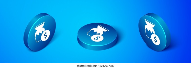 Isometric Auction ancient vase icon isolated on blue background. Auction bidding. Sale and buyers. Blue circle button. Vector